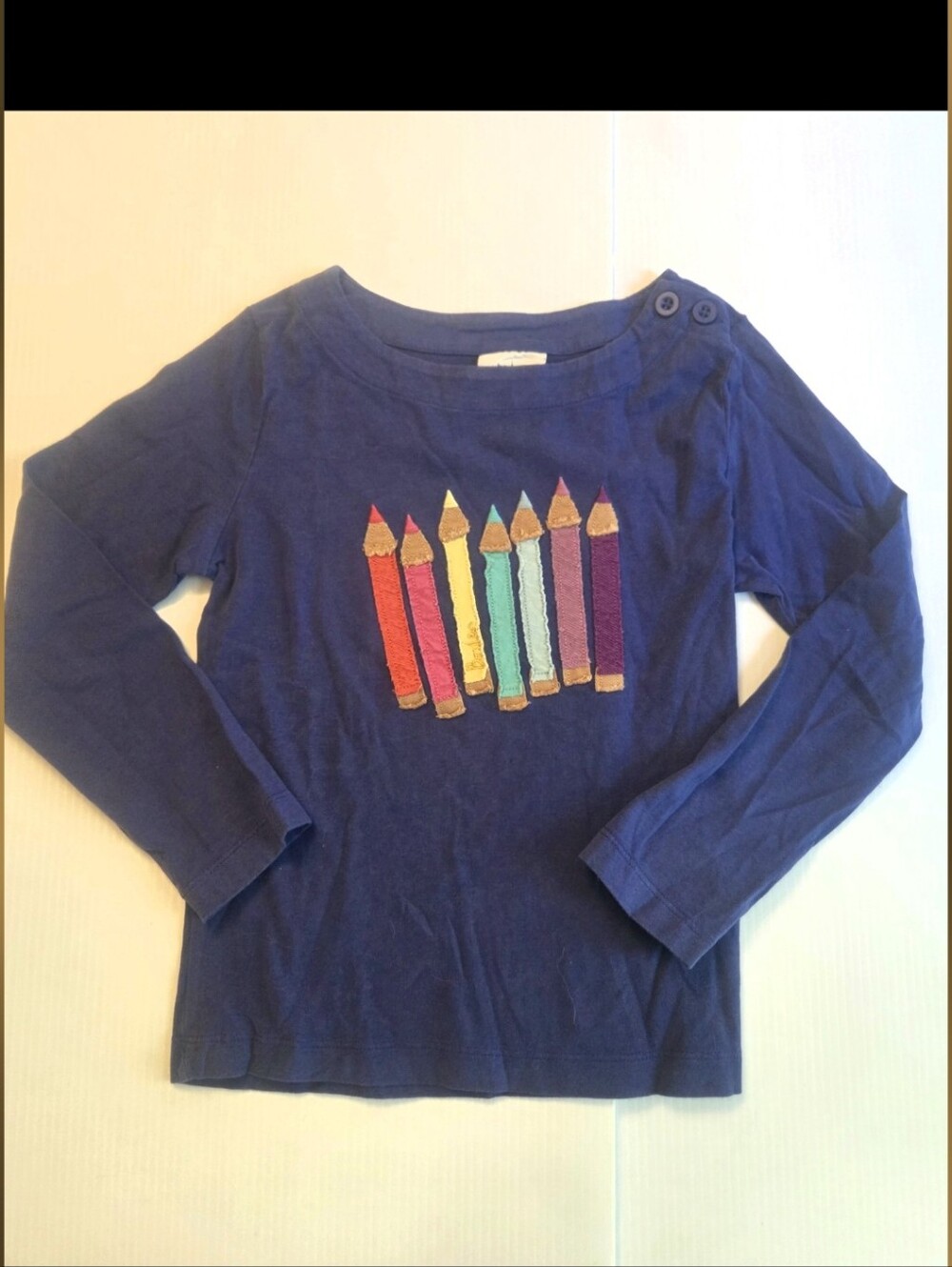 Mini Boden 5-6 Navy Color Pop Applique Long Sleeve Tee Top Pencil Crayon